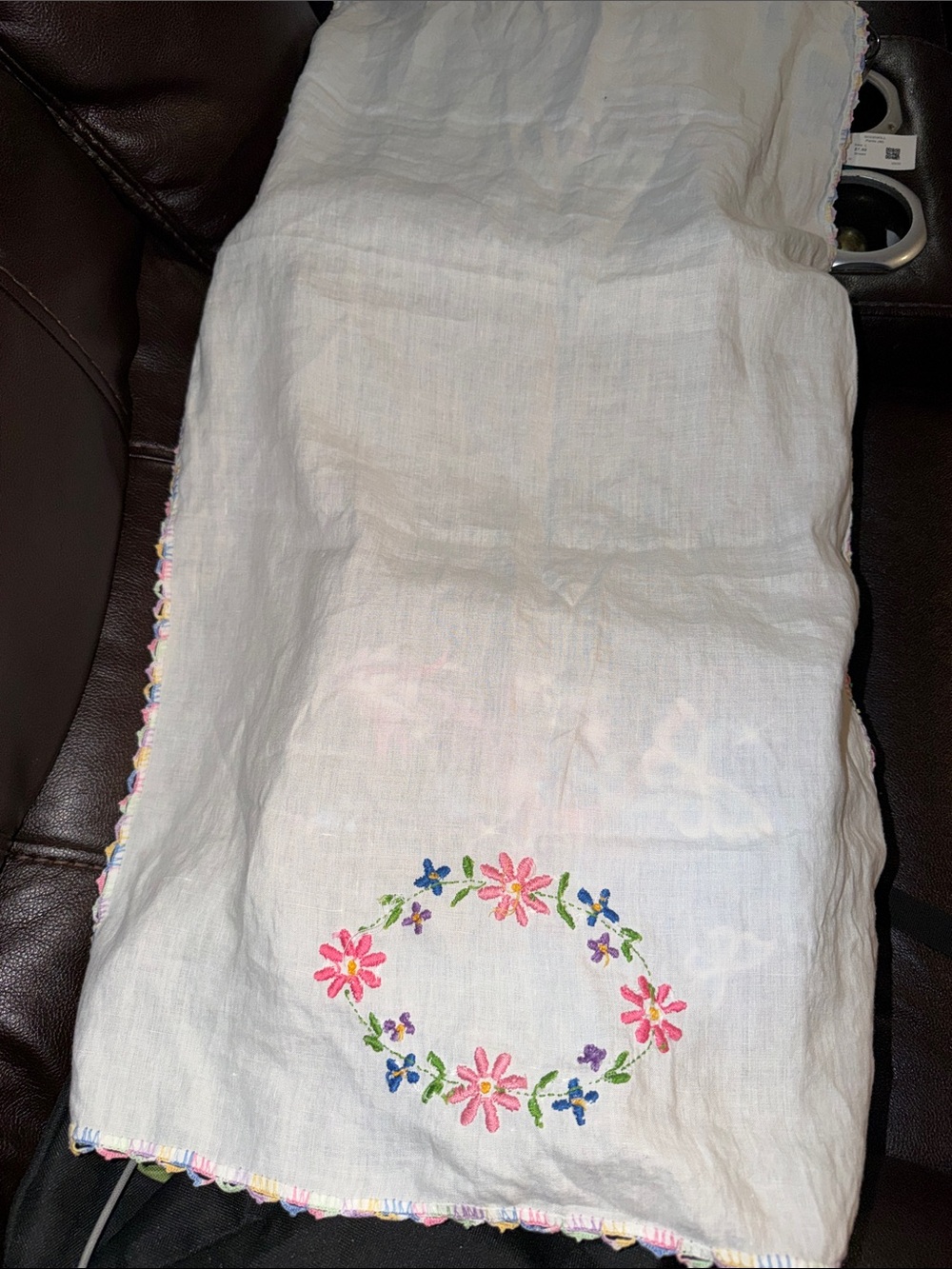 Hand Embroidered Floral Linen-Feel Table Runner in White with Pink Accents
